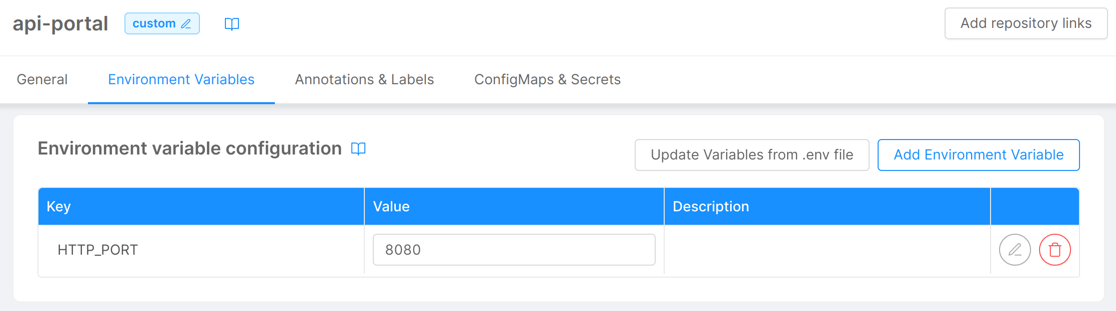 API Portal | Environment Variables