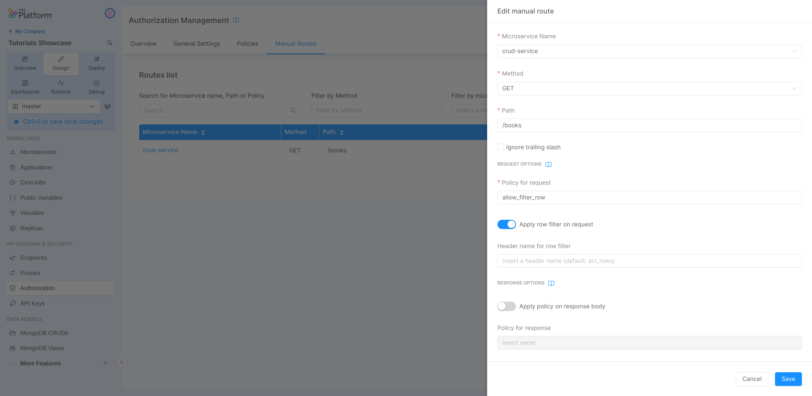 RBAC enable row filter
