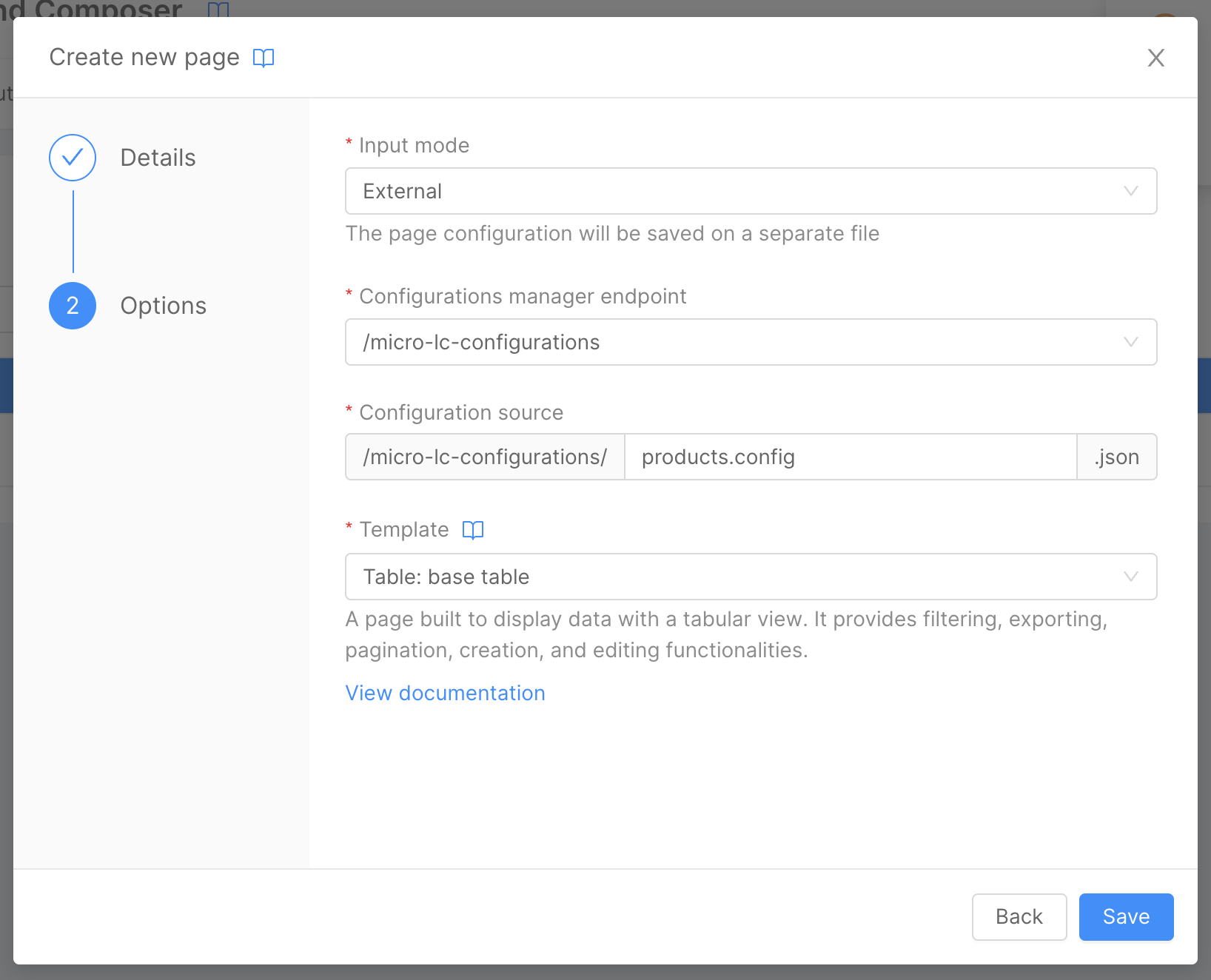 Microfrontend Composer Create New Page Wizard