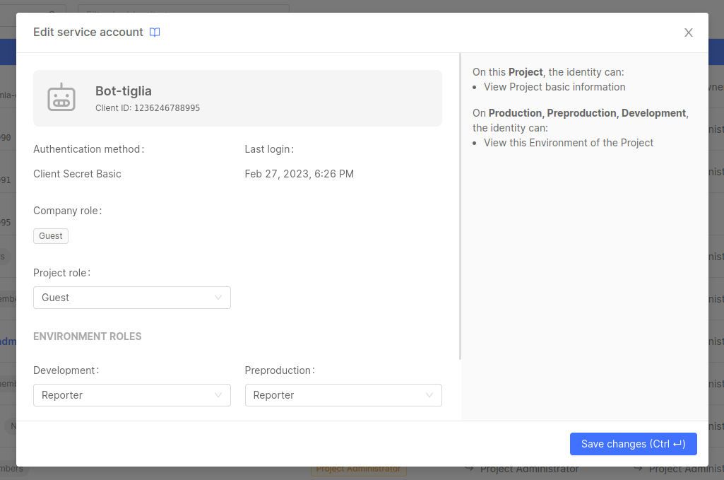 Edit project service account