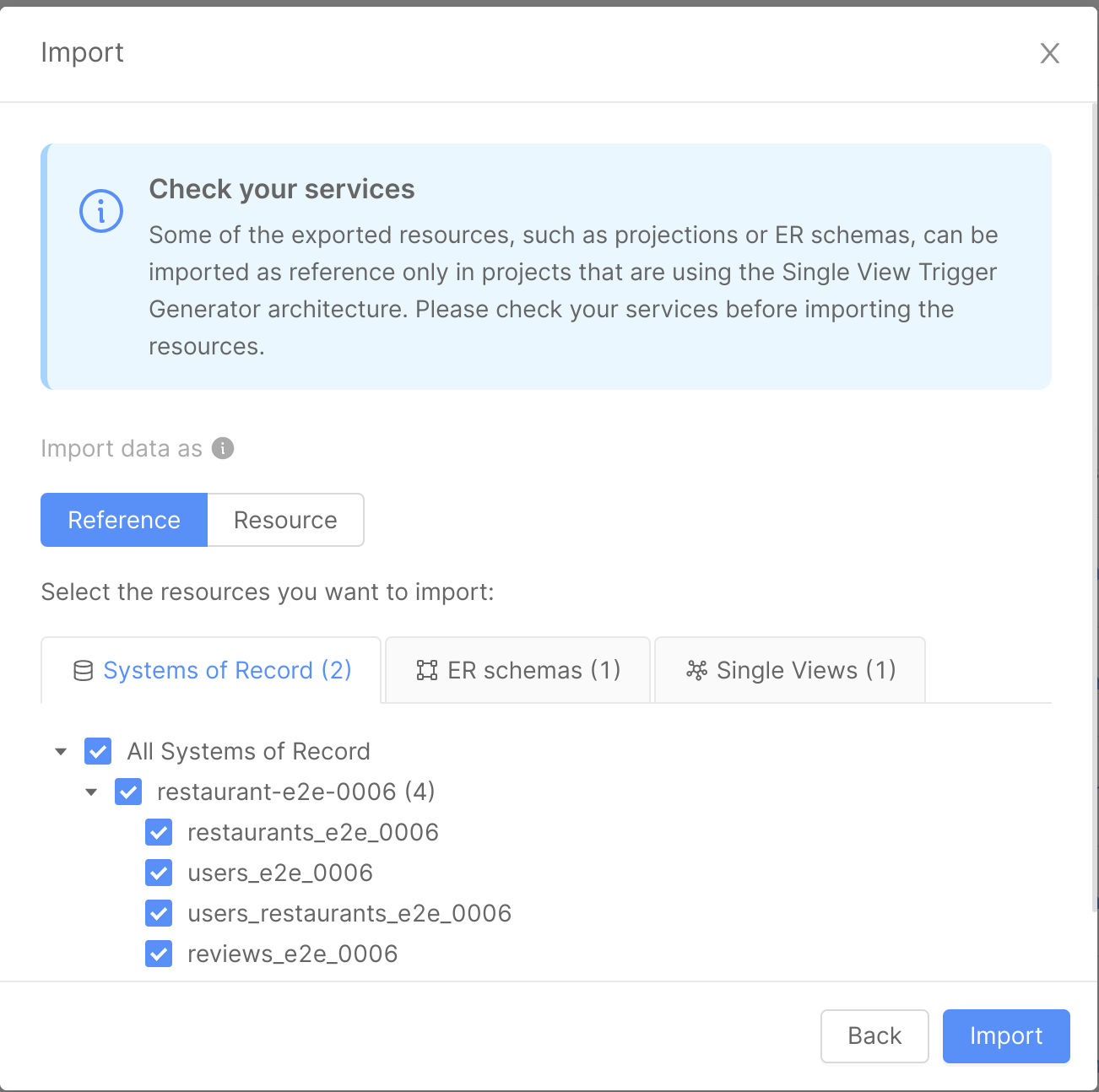 Import modal with resources selection