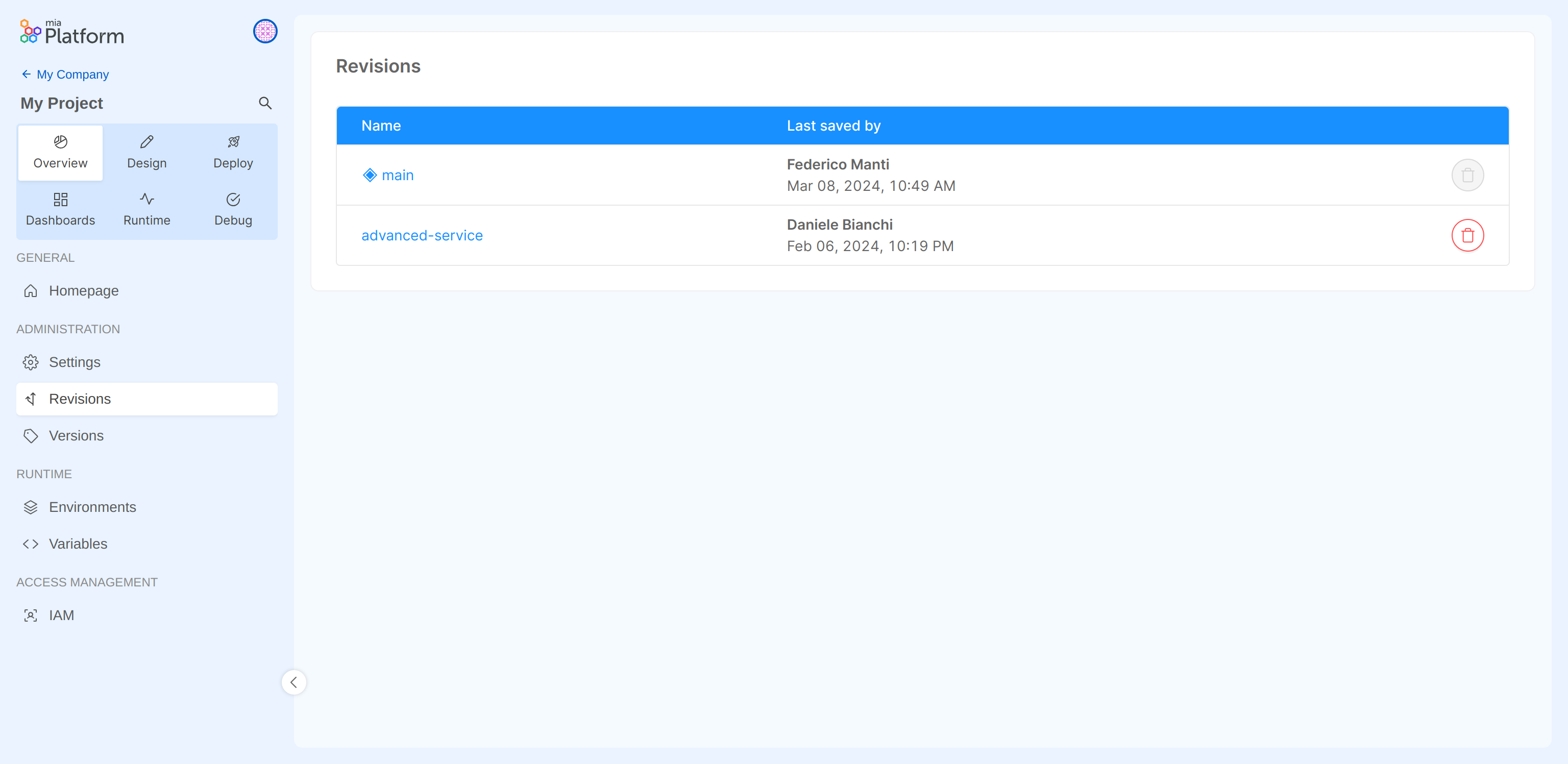 Revisions management page