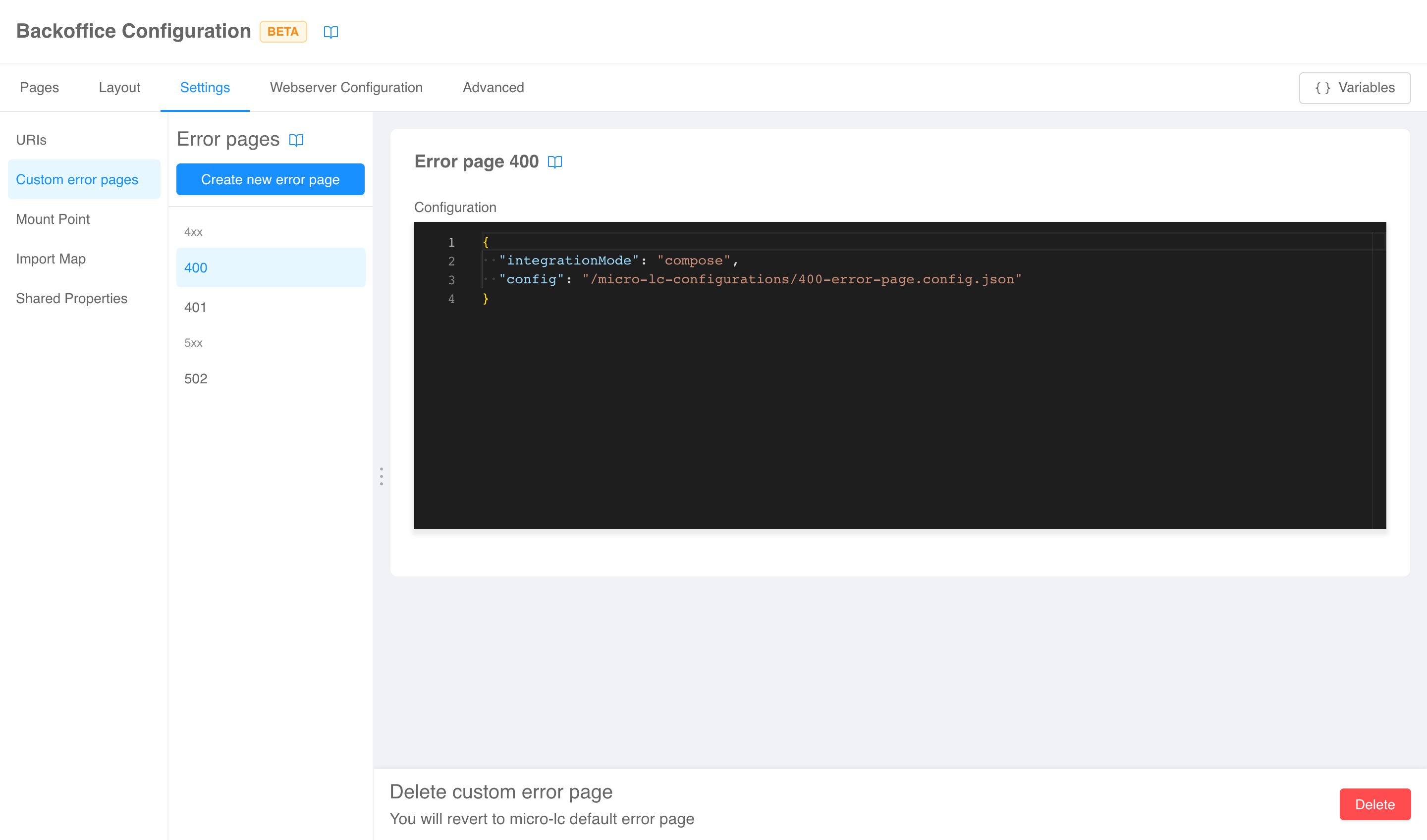 Error pages settings