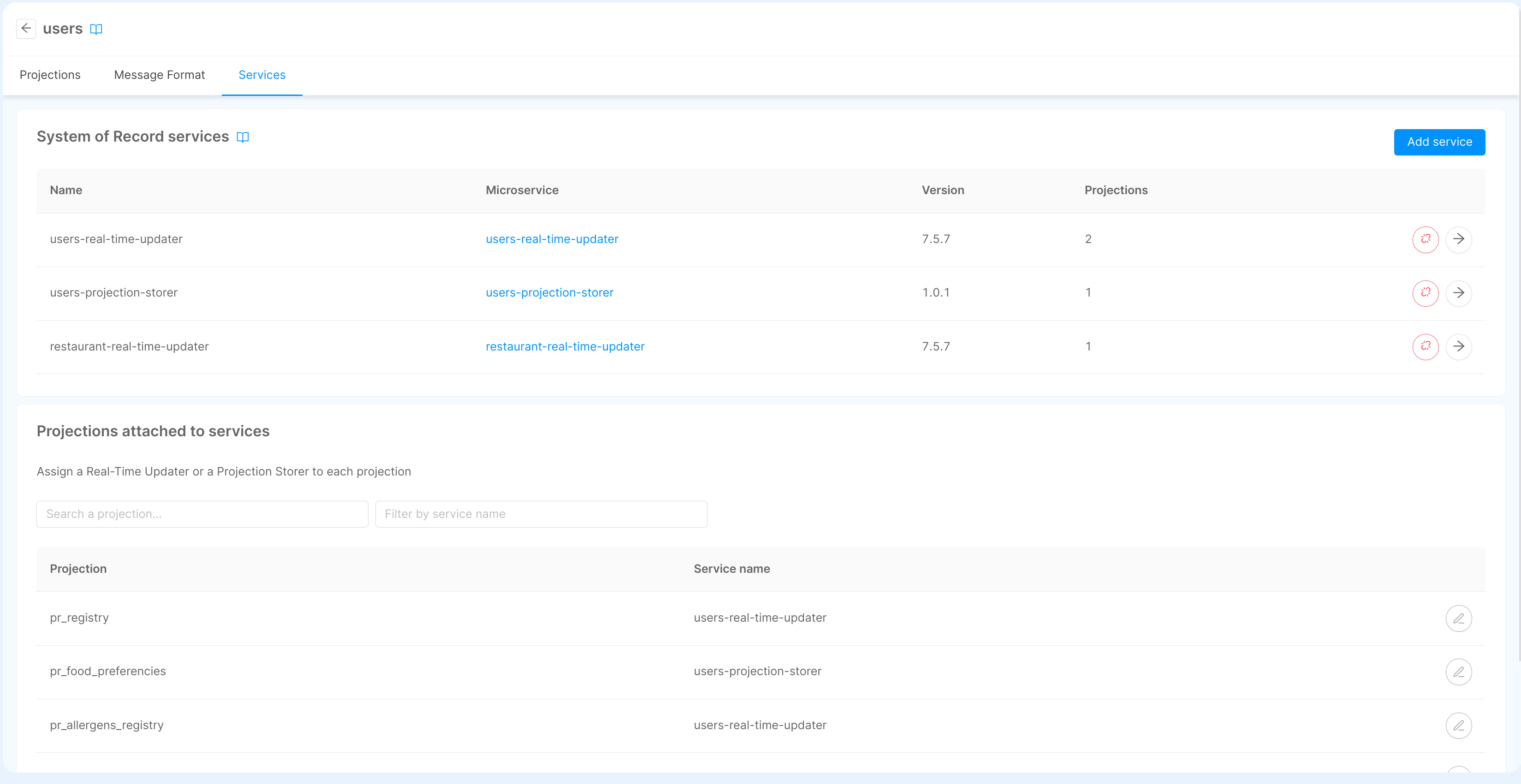 Services in System of Record configuration page