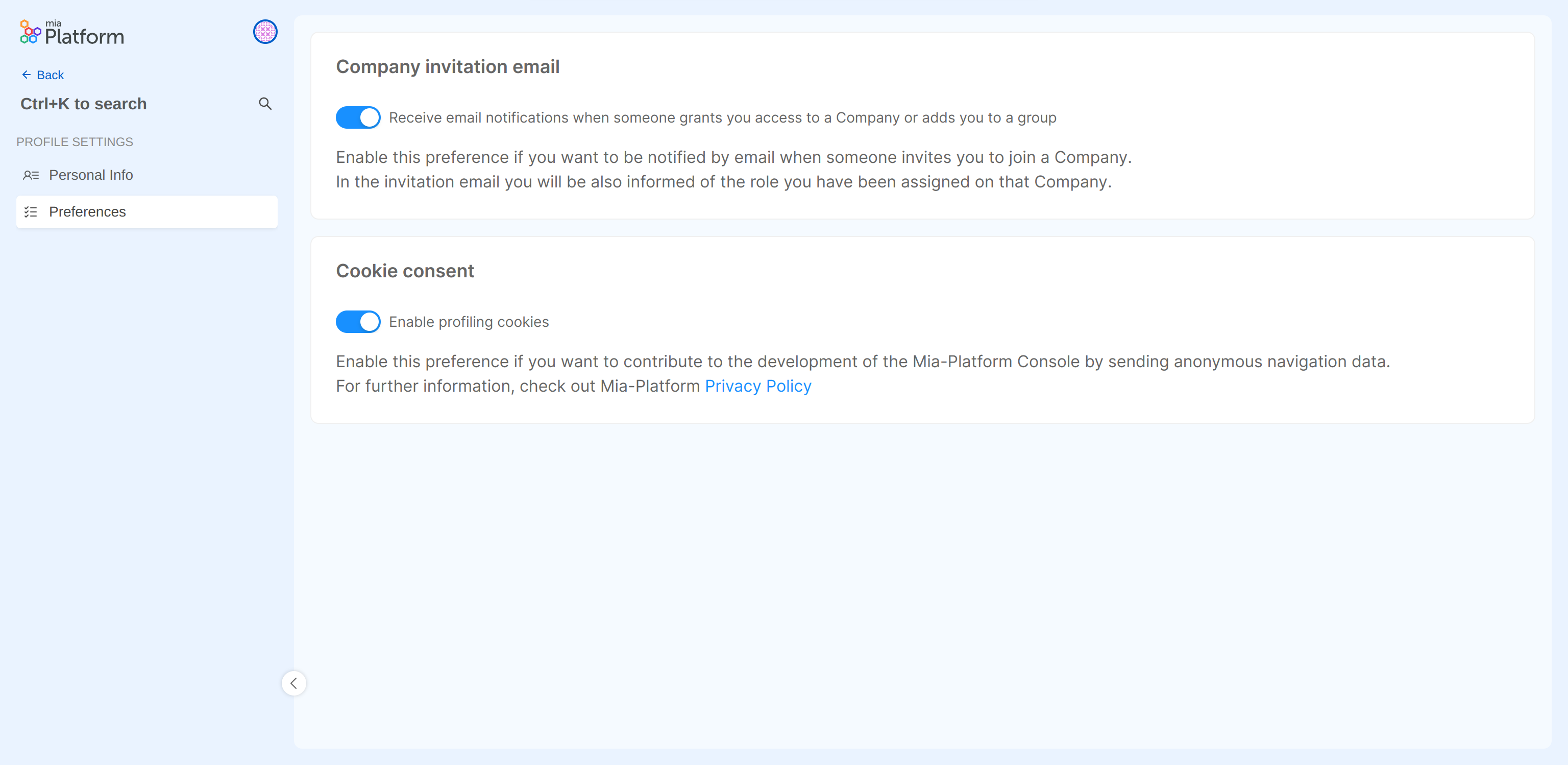 user preferences page