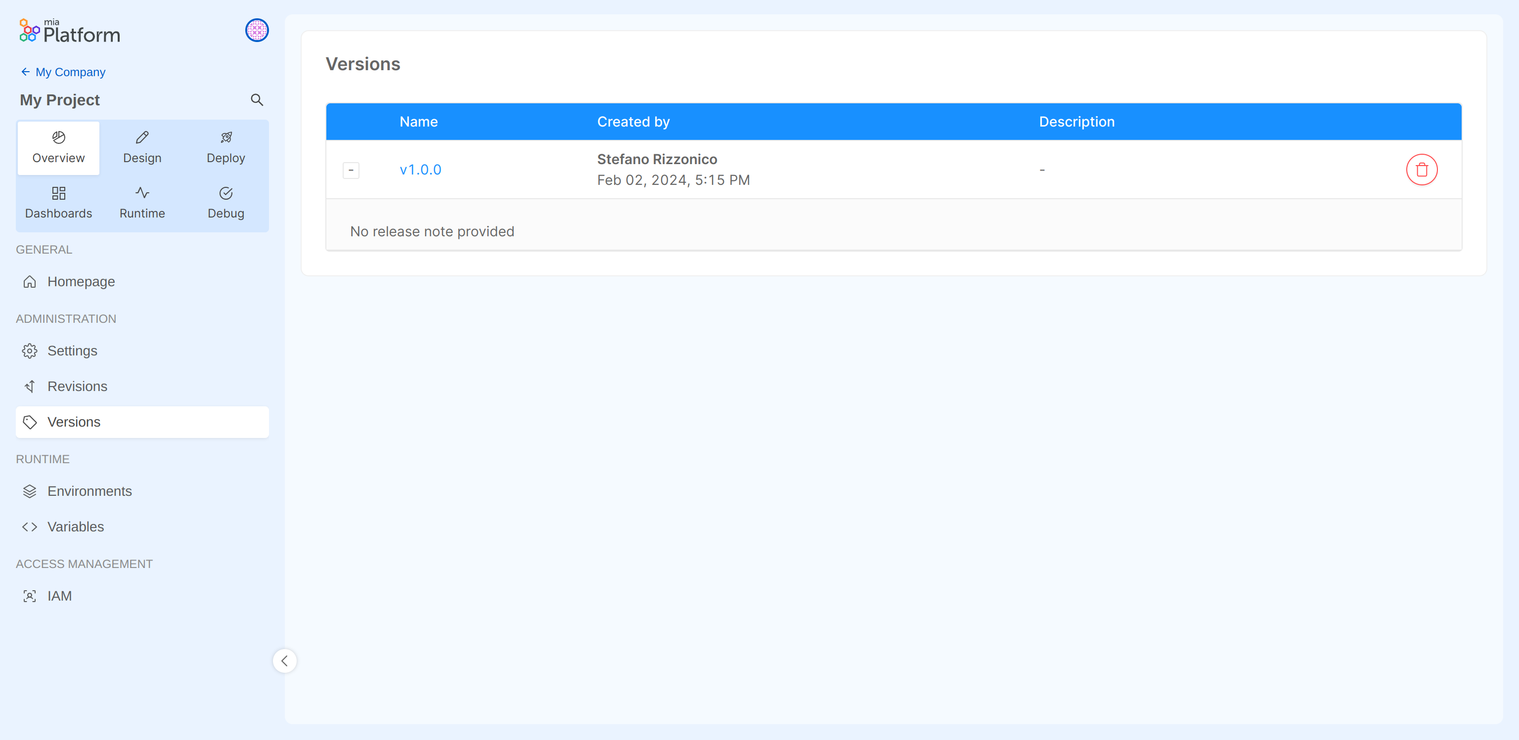 Versions management page